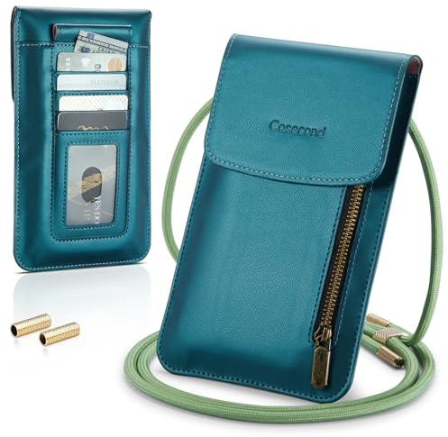 Casecond Handytasche zum Umhängen mit Geldbörse Damen Herren Kleine Leder Crossbody Universal Handy Tasche Pouch Umhängetasche Handtasche mit Handykette für iPhone 15 14 13 11 Samsung Bis zu 7.5 Grün