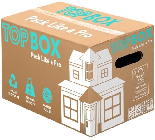 TOPBOX 10 Large Strong Moving Boxes – 48L Double Walled Cardboard Packing & Storage Boxes for Moving House, Shipping, Removal & Packaging | 53cm x 30cm x 30cm | Room Tick List, Handles & Recyclable