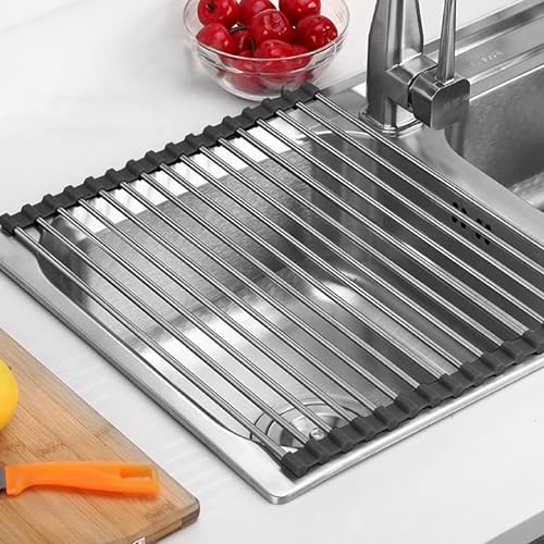 HIKPACKER Escurridor Fregadero, Escurridor de Platos Plegable, 304 Escurreplatos Enrollable Fabricado en Acero Inoxidable, Ahorro de Espacio Escurreplatos Fregadero, Ideal para Secar Fruta