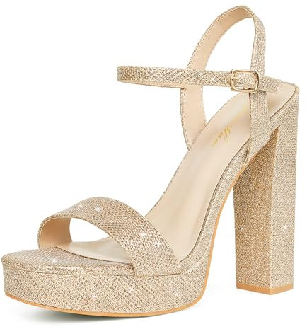 GENSHUO Plateau 13 cm High Heels für Damen Blockabsatz klobige Sandalen quadratisch offene Zehenpartie Knöchelriemen Glitzer elegante Schuhe, Gold Glitter, 38 EU