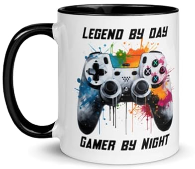 Legend by Day Gamer by Night - Boys Men Gamer Gaming Gifts Present Idea Teenager Teen Nerdy Video Game Controller Gadget Birthday Christmas Ceramic Tea Coffee Cup (Black Handle Prime)