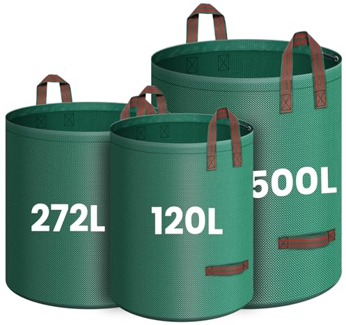 IWTTWY Gartenabfallsack 120/272/500L, Wiederverwendbar Gartensack mit 4 Griffe Stabil Robust & Faltbar, Garten Sack Laubsack, Groß Abfallsack für Gras Laub Hecke Gartenabfall aus Polypropylen