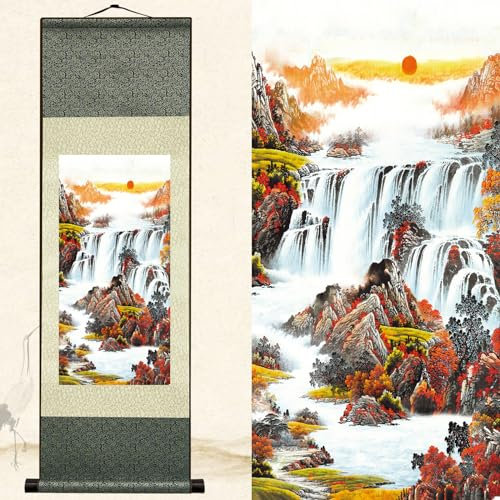 Newscz Asiatische Wandkunst für Wohnzimmer, vertikale Wandrolle, Seidenrolle, Malerei, Landschaft, aufgehende Sonne, Malerei, Kunstposter, orientalische Chinoiserie, Dekor, Kunstwandbild, 91,4 x 30,5