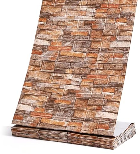 Panneaux muraux autocollants 3D, 10M Papier Peint Aspect Brique Pierre Plié en Continu, Carreaux Muraux Étanches à Décoller et Coller pour Chambre Salle de Bain Cuisine (Rouge Brique)