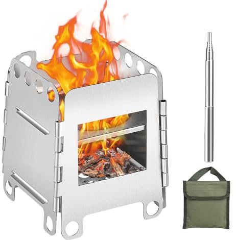 SWAWIS Rechaud Bois Camping Pliable, Mini Réchaud à Bois Pliable avec Sac de Rangement et Sarbacane, Portable Réchaud en Acier Inoxydable pour Randonnée Camping Voyage(8.7x10.7x7.8cm)