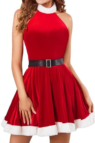 Avidlove Damen Weihnachtskleid Sexy Samt Dessous Neckholder Babydoll Unterwäsche Weihnachts Nachtwäsche Weihnachtskostüm Festival Outfit Rot M