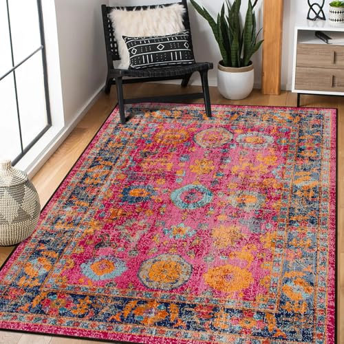 Jiyuhang Machine Washable Rugs for Living Room Large Vintage Area Rugs for Bedroom, Short Pile Rug Traditional Soft Oriental Rug for Kitchen Dining Multicolor Pink 120x170 cm