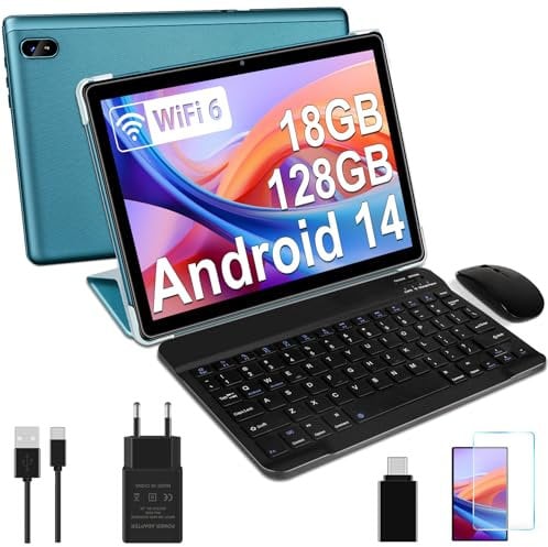 DMOAO Tablet 10 Zoll Android 14 mit 5G WLAN 6, 18 GB RAM + 128 GB ROM(TF 1TB), Widevine L1, Octa-Core, BT 5.0, Face ID, FHD 1280 * 800 IPS, 6000 mAh, 2 in 1 Tablet mit Tastatur + Maus, Blau