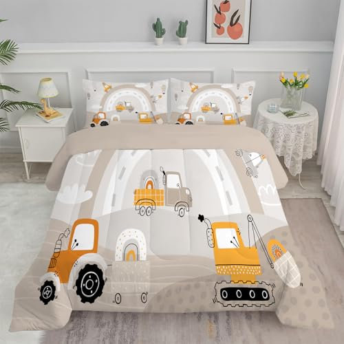 Bettdecke 135x200 4 Jahreszeiten, Hellbrauner Regenbogen Vierjahreszeiten Steppdecke 135x200, Warme Ganzjahresdecke Bagger Jungen Bettdecke ohne Bezug Waschbar Schlafdecke mit 2 Kissenbezug 80x80cm