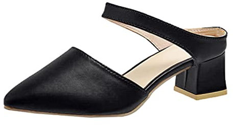 Scarpe da donna alla moda in pelle tinta unita spessa tacco alto a punta casual décolleté scarpe da donna eleganti tacchi bassi, Nero , 40 EU