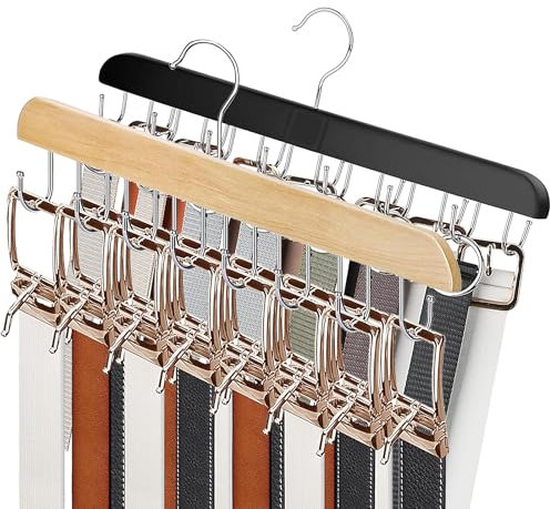 2 Stück Gürtel Aufbewahrung Gürtel Organizer Gürtelhalter Kleiderbügel Holz Gürtelaufhänger für Schrank mit 14 Haken 360°Drehbarer 37 * 13.5 * 1.2CM für Gürtel,Tanktops,Schals,BHS,Taschen