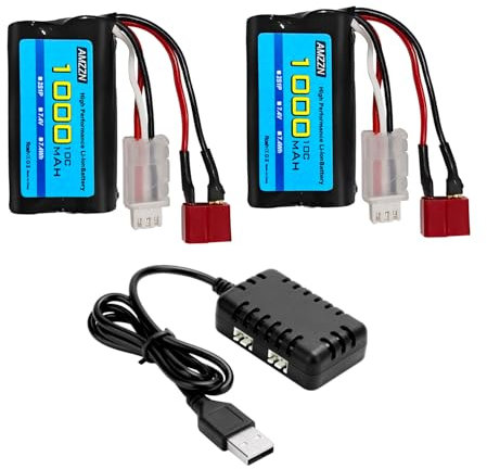 2PCS 7.4V 1000mAh 2S Li-ion Battery with T-Plug and 2-in-1 Charger for YC100 HM161 HM162 HM166 HM201 9145 1:20 Remote Control Truck,HBX X03 RC Ship Battery