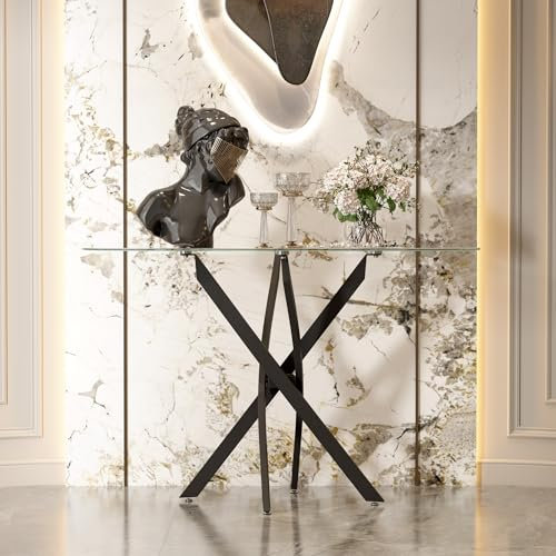GOLDFAN Glass Console Table Modern Contemporary Style Hallway Table with Black Metal Tubular Legs Narrow Sofa Table for Entryway, Living Room, Office, 39.37” x 18”x 30”