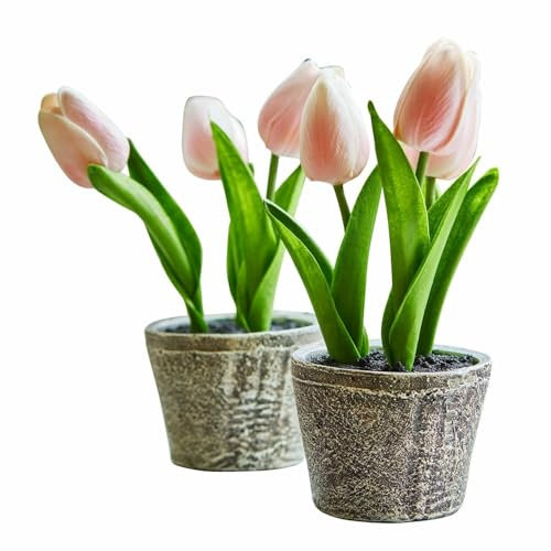 Loberon Deko-Tulpe 2er Set Zéphine, von Hand Gefertigt, Topf im Vintage-Look, Frühlingshafte Dekoration, Kunstblumen, Polyester, Zement, Polyresin, rosa