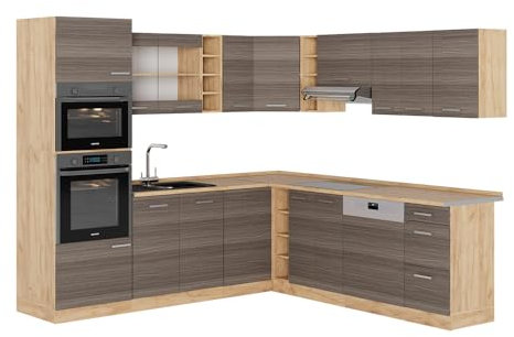 Vicco Eckküche R-Line, Edelgrau/Goldkraft Eiche, 237 x 247 cm, AP Eiche