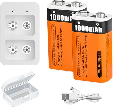 Rechargeable 9V Lithium Batteries 1000mAh (9000mWh) Rechargeable PP3 Battery with Charger and USB Cable for Smoke Detector, Multimeter, Remote Controller, Electric Guitar (2 Pcs)