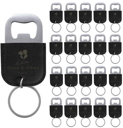 20 Pcs Décapsuleurs Personnalisés pour Cadeaux de Mariage, Ouvre Bouteille en Cuir, Porte-Clés Personnalisé, Logo de Texte Gravé, Noir