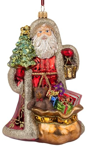 Glas Christbaumschmuck mundgeblasen handbemalt in Europa | Weihnachtsbaum Anhänger für Weihnachten | Weihnachtsbaumschmuck (Weihnachtsmann mit Baum und Sack 19,5 cm)