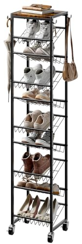 UNITSTAGE Drehbares vertikales Schuhregal mit 10 Etagen, Holz, hoher Schuh-Organizer mit Haken, stabiles schmales Schuhregal aus Metall für 20 Paar, platzsparendes Regal für Schrankeingang, rustikales