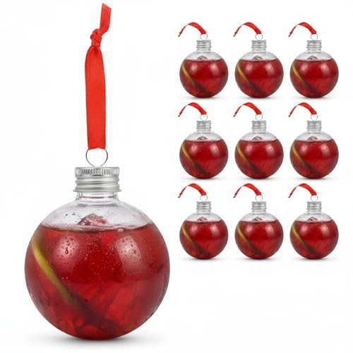 10 Stück Befüllbare Alkohol-Baum-Ornamente: 250 ml Kugel Anhänger Kunststoff Transparent Süßigkeiten Weihnachten Hochzeit Dekoration 3,54 x 3,07 x 3,07 Zoll