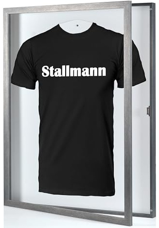 Stallmann Design Trikotrahmen 'Easy Click & Fill' mit Tür | Rahmen-Farbe: Stahl | Hintergrund: Weiß | Größe: 70 x 90 cm | hochwertige und leicht zu befüllende Vitrine für Trikots