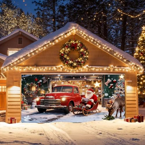 Weihnachten Garagentor Banner, Weihnachten Deko Outdoor Große Garage Dekorationen, Glücklich Banner Dekorationen für Hintergrundbanner Festlich-Themen Party Dekorationen 400X180CM (Blue1, 400x180cm)