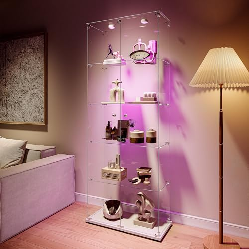 Vitrine en verre avec LED, vitrine de collection en verre, Transparent vitrine Multifonctionnel avec 5 Couches avec 2 Porte, Sur pied Vitrines trempé moderne pour salon, chambre à coucher, Bureau (A)