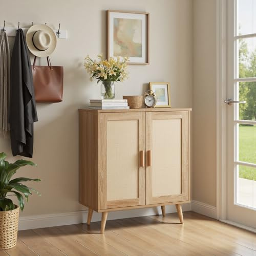 Warmiehomy Rattan Sideboard Cabinet,Sideboard for Living Room 75x40x89cm | Kitchen Storage Unit with 2 Doors and Shelf Cupboard with Wood Handle Storage Cabinet for Dining Room,Hallway Furniture