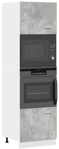 Hoopleep Lyon Armoire encastrable pour micro-ondes, gris béton, 60 x 57 x 207 cm, en matériau dérivé du bois, armoire à manger robuste avec beaucoup d'espace de rangement, cuisine moderne