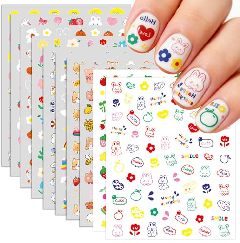 Aribliseza Nail Stickers, 10 Pieces, Self-Adhesive Nail Stickers for Girls, Cute Animals, Fruits, Bows, Flowers, Hearts and Stars Stickers, Birthday and Christmas Gift