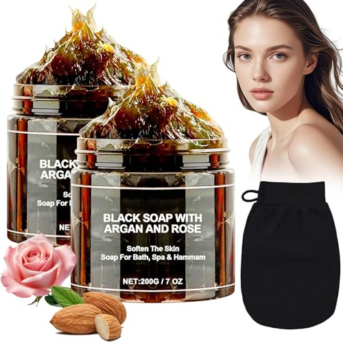 2 Stück Moroccan Black Soap Schwarze Seife mit Peeling-Handschuhe | Schwarze Seife mit Argan und Rose,Marokko Körperpeeling,Bio Morocco Black Soap,Feuchtigkeitsspendende seife Schwarz