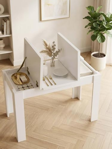 Xinyvee Mesa Comedor Blanca Rectangular Mesa Cocina Salón 120×70×75cm | Dos tapas laterales elevables ocultan compartimentos para vajilla y utensilios, mientras el panel central queda disponible