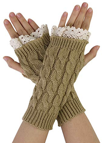 sourcing map Women Winter Knit Lace Fingerless Thumb Hole Arm Warmer Gloves | Stretchy fit. Thumbhole design. Great for cosplay, parties, shows, and daily wear