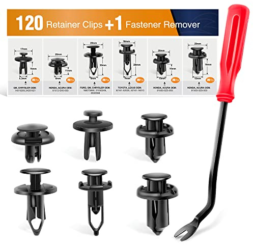 GOOACC GRC-30 Auto-Halterungen-Dehnschrauben-Set, 6,4 mm, 8 mm, 9 mm, 10 mm, Ersatz-Set, Stoßstangen-Nietenclips zum Reindrücken, 120 Stück und 1 Stück Befestiger-Entferner