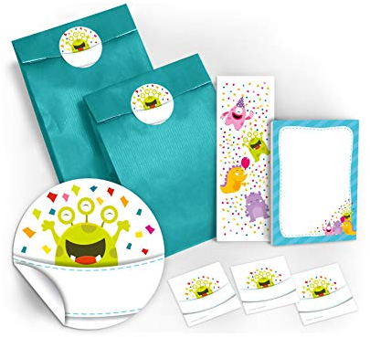 12 Geschenktüten / blau + 12 Aufkleber + 12 Lesezeichen + 12 Mini-Notizblöcke lustige Monster / Mitgebsel Gastgeschenk für Kinder Jungen Mädchen beim Kindergeburtstag Geburtstag Hochzeit Taufe