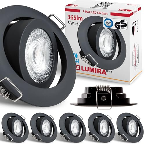 max K O M F O R T - 6x LED Einbaustrahler Ultraflach 5 Watt Schwarz schwenkbar 230V Rund warmweiß Deckenstrahler Spot Deckenspot Lumira