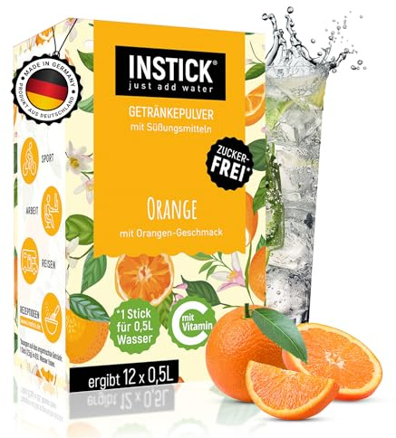 INSTICK Zuckerfreies Instant-Getränk (Orange) - 1 Packung für 12 x 0,5-1 L - Veganes Getränkepulver Kalorienarm & Vitamin C - Instant-Pulver