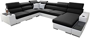 All4All Ecksofa mit Schlaffunktion Piano 358x282 cm – Schlafsofa mit Bettkasten – Wohnlandschaft XXL – Sofa U-Form – Gewebe mit Kunstleder - Groß - Big Sofa - Rechte Seite - Schwarz/Weiß 26