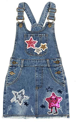Peacolate 4-11 Jahre Mädchen Schnall Denim Latzrock Elastisch Hosenträger Star Mustern Jeanshose Bestickter Pailletten Overalls Latzock