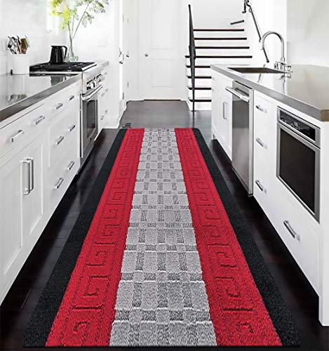 PHP Anti Slip Hallway Carpet Runner Rug, 60 x 220 cm Non-Slip Gel Back Door Runners Rug, Washable Long Enterway Anti Slip Rugs for Living Room and Hallway - Black Red