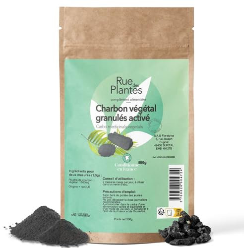 RUE DES PLANTES - Charbon Végétal Actif Granulés Poudre 500g - Soulage Flatulences et Plénitude - Soutient le Tractus Intestinal