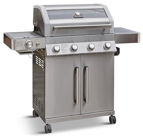 Grillstream Gourmet 4 Burner Freestanding Barbecue with Steak Shelf, Gas & Charcoal Hybrid Grill for Gardens, Stainless Steel