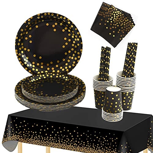 TOPWAYS Or Noir Assiette Jetable Vaisselle Lot, Papier Jetable Gobelets Serviette Nappe Vaisselle pour Fêtes Decoration Anniversaire, Enfants Party Fête Mariages BBQ Camping 16 Invités