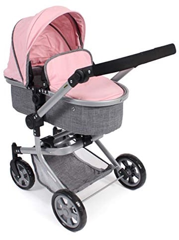 Bayer Chic 2000 - Puppenwagen Mika, 2in1 Kombipuppenwagen für Kinder von 4 bis 8 Jahren, Melange grau-rosa, 73 x 41 x 82 cm
