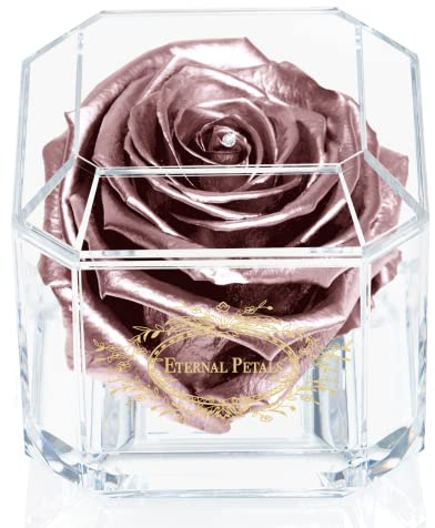 Eine 100% echte Rose, die jahrelang hält – ewige Blütenblätter, handgefertigt in Großbritannien – Gold Solo mit einem klaren Swarovski-Kristall (Roségold)
