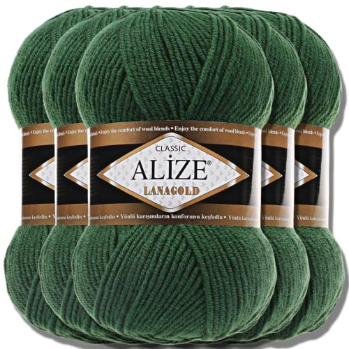 Alize 5 x 100g Lanagold Classic Türkische Premium Wolle Baumwolle und Acryl Uni Handstrickgarne | Yarn | Garn | Strickgarn Einfarbig Baby zum Häkeln Stricken Kleidung Schals (Pine | 118)