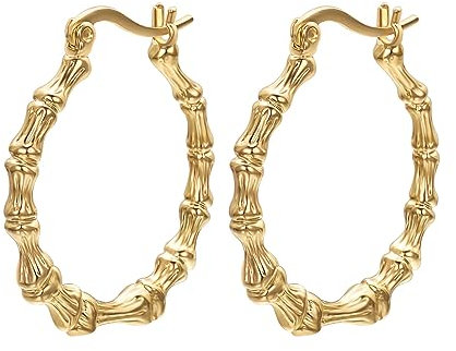 JOLCHIF Boucles d'oreilles créoles en bambou plaqué or 14 carats pour femme, Bambou, doré, Non connu