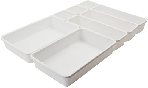 SUPPRUI Drawer Organiser Trays, Set of 8,Drawer Dividers For Make-up Organiser for Bedroom, Bathroom, Office, Kitchen - Drawer Organisers For Cosmetics, Stationery(White)