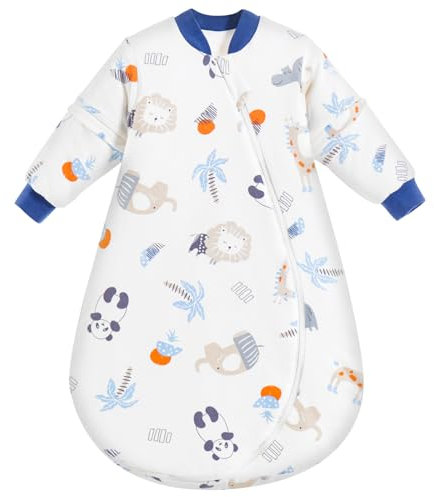 MIKAFEN Baby Schlafsack Winter 3,5 Tog mit abnehmbaren Ärmeln, Schlafsack aus 100% Baumwolle mit Armen, Löwe&Panda 78-90cm/14-24 Monate