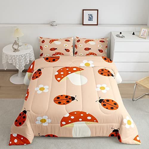 Niedlichem Pilz Bettwäsche 135x200 Rotes Cartoon Marienkäfer Muster Tröster Set für Kinder Jungen Mädchen Jugend Zimmer Dekor Weißes Gänseblümchen Kawaii Marienkäfern Bettbezug Biege Daunendecke
